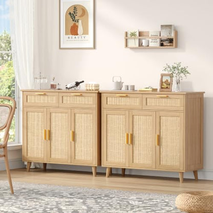 Rattan Sideboard Buffet Cabinet with Storage, 35.4" W Buffet Cabinet with 2 Drawers and 3 Doors, Sideboard Storage Cabinet with Adjustable Shelves for Kitchen, Living Room, Natural Oak