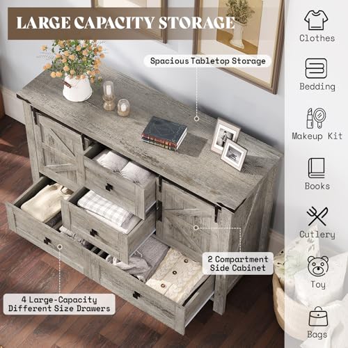 2PCS Farmhouse Dresser Set with Sliding Barn Doors, Bedroom Sets Include 47'' Dresser with 4 Drawers, 5-Drawer Tall Dresser, Light Rustic Oak