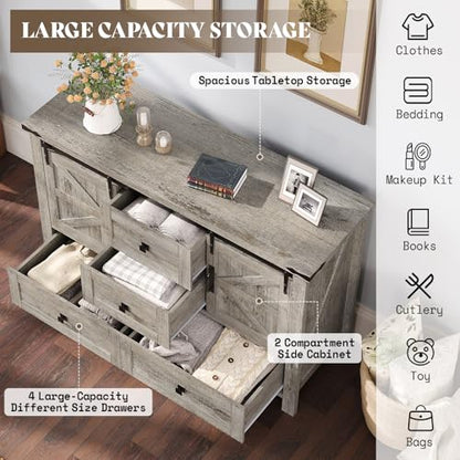 2PCS Farmhouse Dresser Set with Sliding Barn Doors, Bedroom Sets Include 47'' Dresser with 4 Drawers, 5-Drawer Tall Dresser, Light Rustic Oak