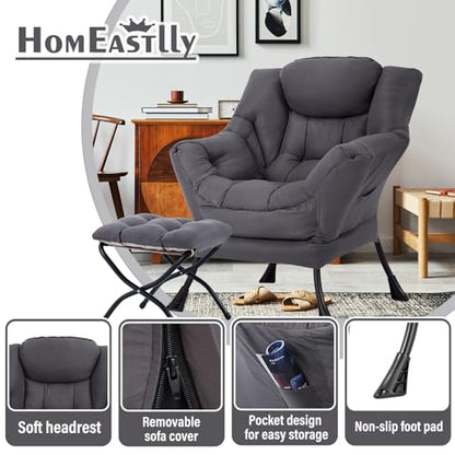 Lazy Chair with Ottoman, Large Dark Grey Accent Chair with Ottoman, Comfy Reading Armchair, Leisure Sofa Chair for Living Room, Bedroom, Dorm Room, Office