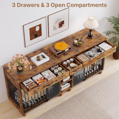 82" Double Dog Crate Furniture with Drawers and Shelves, Brown, view 6