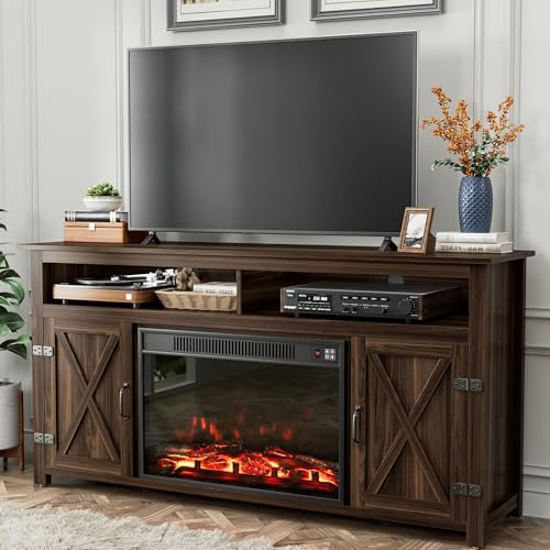 Farmhouse Fireplace TV Stand for Television up to 65+ Inch, Walnut, view 2