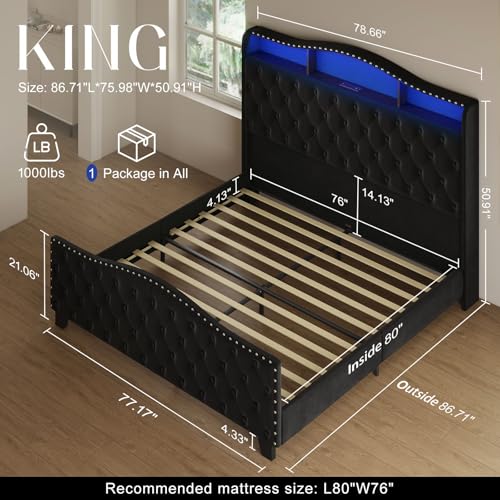 Platform Bed Frame with 50.9" LED Headboard, King Black, view 3