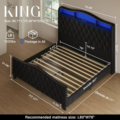 Platform Bed Frame with 50.9" LED Headboard, King Black, view 3