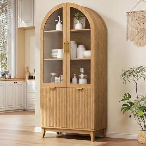 71" Tall Arched Cabinet with Glass Doors, Fluted Kitchen Pantry Cabinet, view 2