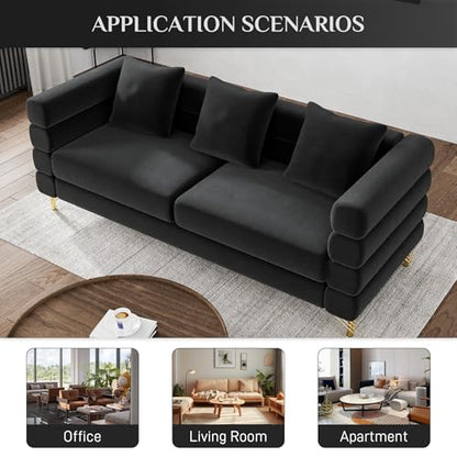 Cloud Couch for Living Room, 79" Modern Overstuffed Deep Seat Velvet 3 Seater Sofa with 3 Pillows, Comfy Upholstered Oversized Loveseat for Bedroom Office, Jet Black Velvet
