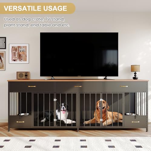 91.5" L Large Dog Crate Furniture with Feeder & 3 Drawers, view 5