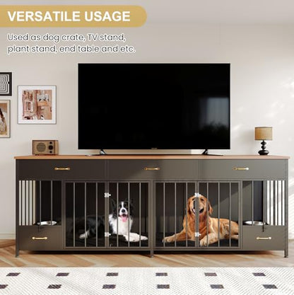 91.5" L Large Dog Crate Furniture with Feeder & 3 Drawers, view 5
