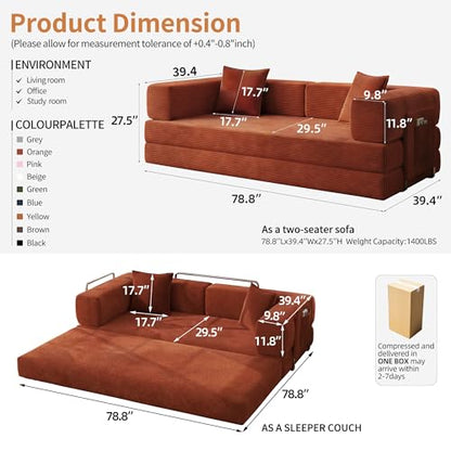 78.8" Convertible Sofa Bed with Armrest Pillow, 4-in-1 Sleeper Couch Bed for Livingroom, Modular Corduroy Boneless couches, No Assembly (Orange)
