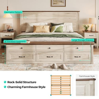 Farmhouse King Bed with Headboard and Storage Bench, Antique White, view 7