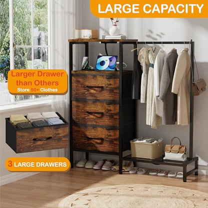 Dresser for Bedroom with Hanging Rack, 3 Drawers Closet with Charging Station, view 7