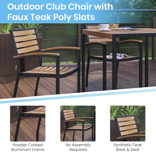 Stackable Aluminum Patio Chair - Set of 2 All-Weather Black Framed Side Chair with Faux Teak Slats - Commerical Grade