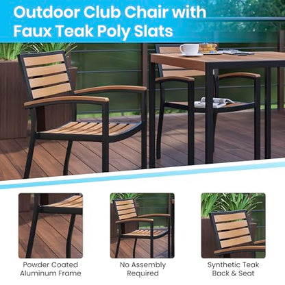 Stackable Aluminum Patio Chair - Set of 2 All-Weather Black Framed Side Chair with Faux Teak Slats - Commerical Grade