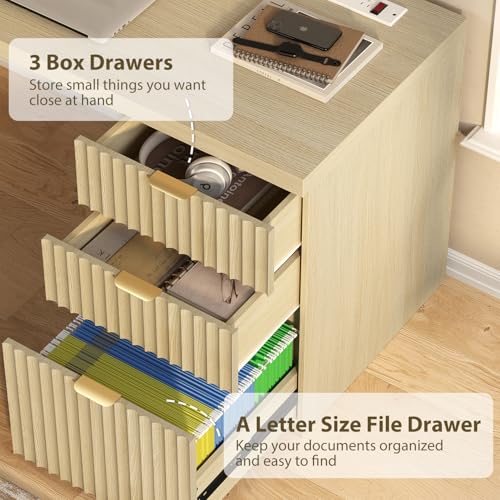 60" Fluted Executive Desk with Ample File Drawer & Large Charging Station, Wood Modern Home Office Desk with Storage, Computer Writing Desk for Work, Living Room, Bedroom, Durable & Sturdy, Natural