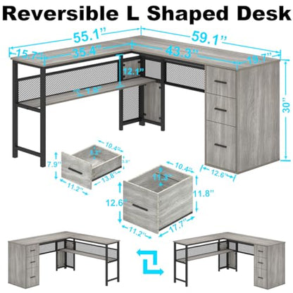 Reversible Gray L Shaped Corner Desk, Farmhouse Wood Computer Desk with File Drawers Cabinets, Large Work Study Executive Home Office Desk with Storage Shelves for Bedroom, Light Grey Oak, 59 Inch