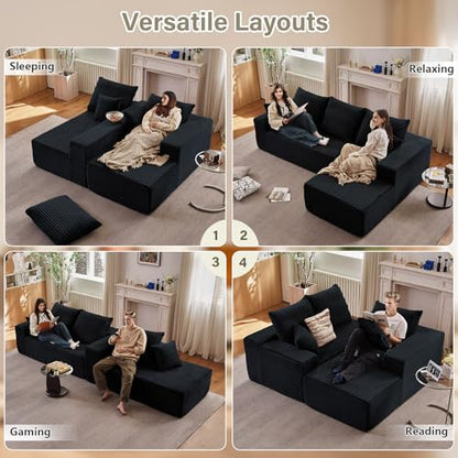 95.8" Cloud Sectional Couch with L-Shape Chaise, Modern Modular Comfy Sofa Chaise Longue, Upholstered Corduroy Couches Sleeper with Deep Seat for Living Room Bedroom, No Assembly Required, Black