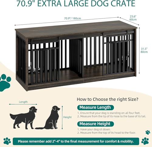71" Double Dog Crate Furniture for 2 Dogs with 4 Bowls, view 4