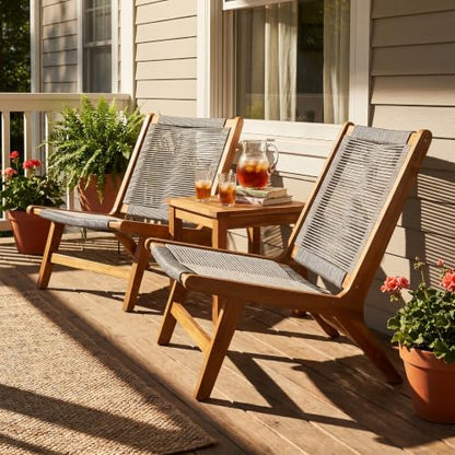 Calma Acacia Wood Patio Accent Chairs Set of 2, Outdoor Bistro Chair Set with Woven Rope Seat, Lounge Chair Outdoor for Patio Furniture Set, Teak+Grey