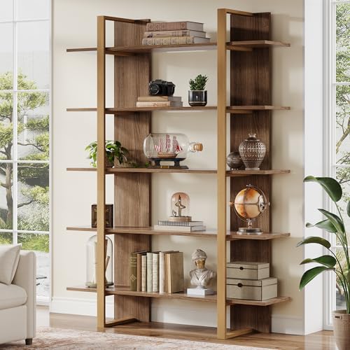 Tribesigns 5-Tier Bookshelf, Boho Bookcase, Morden Open Bookshelves with Metal Frame, 71" H x 12" D x 47" W, for Bedroom, Living Room, Home Office, Retro Oak, Beige