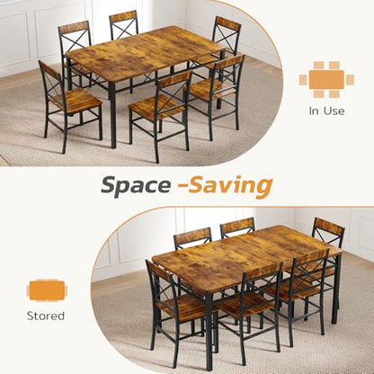 7-Piece Dining Table Set, Kitchen Table Chairs Set of 6, Dining Room Sets for 6, Farmhouse Dining Table Set with 6 X-Shaped Curved Backrest Chairs, for Kitchen & Living Room-Rustic Brown