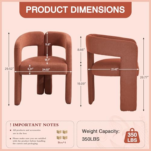 Modern Barrel Dining Chairs Set of 4, Upholstered Linen Dining Room Chair with Wooden Legs, Accent Chairs with Arms, Comfy Side Armchairs for Kitchen/Dining Room/Living Room, Orange
