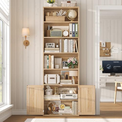 82" Tall Bookcase, Farmhouse Bookshelf with Doors,Light Oak, view 7