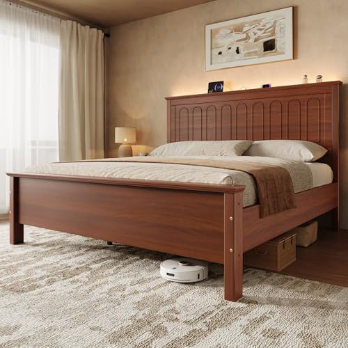 King Size Platform Bed Frame with Headboard, Brown, view 2
