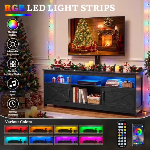 70" TV Stand with Mount, LED Lighting & Power Outlets, Black, view 7