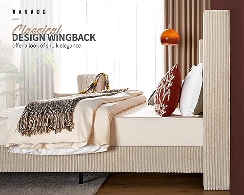 Queen Size Platform Bed Frame, 50.8" Corduroy Upholstered Bed with Vertical Channel Tufted Headboard/Wooden Slats/Wingback/No Box Spring Required/Beige