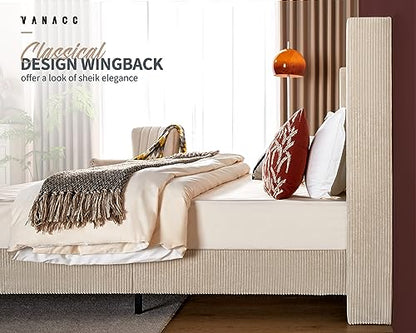 Queen Size Platform Bed Frame, 50.8" Corduroy Upholstered Bed with Vertical Channel Tufted Headboard/Wooden Slats/Wingback/No Box Spring Required/Beige