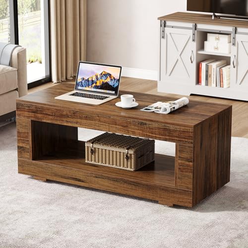 Tribesigns Wood Coffee Table for Living Room, 43.3" Modern Farmhouse Coffee Table with Storage, 2-Tier Rectangular Center Table Cocktail Living Room Table with Sturdy Base, Rustic Brown