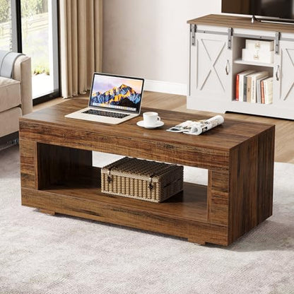 Tribesigns Wood Coffee Table for Living Room, 43.3" Modern Farmhouse Coffee Table with Storage, 2-Tier Rectangular Center Table Cocktail Living Room Table with Sturdy Base, Rustic Brown