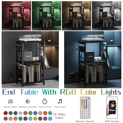 End Table with LED Light, Record Player Stand with Charging Station, view 5