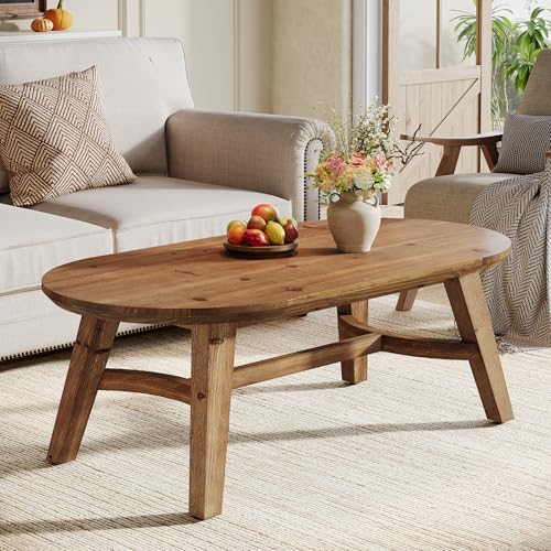 Oval Coffee Table, 47" Real Wood Living Room Table, Natural Pine Solid Wood Coffee Table, Modern Center Accent Furniture, Child-Friendly,Rustic Brown