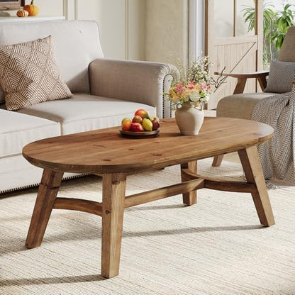 Oval Coffee Table, 47" Real Wood Living Room Table, Natural Pine Solid Wood Coffee Table, Modern Center Accent Furniture, Child-Friendly,Rustic Brown