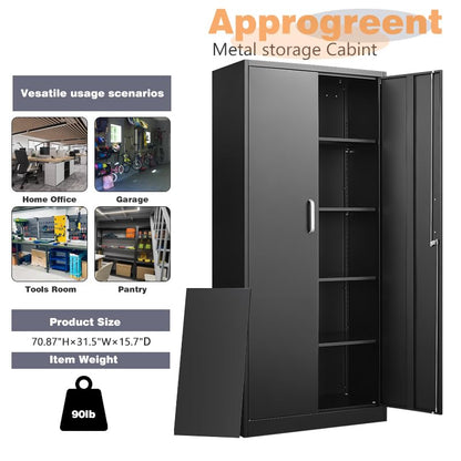 Metal Storage Cabinet with Adjustable Shelves, Garage Cabinet with 2 Lockable Doors, Garage Storage Cabinet, Kitchen Pantry Cabinet - 71'H, Black