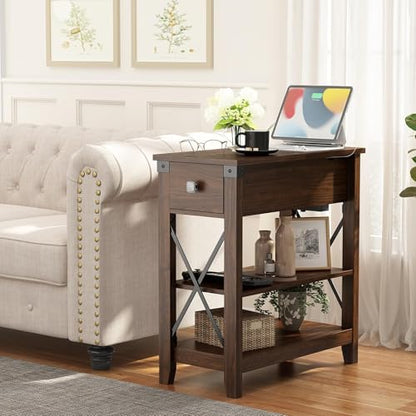 Awescuti Narrow End Table with Charging Station - Farmhouse Slim Side Table Set of 2, w/USB Ports Power Outlets, Nightstand w/Flip Top Storage Drawer, for Small Spaces Living Room Bedroom, Walnut