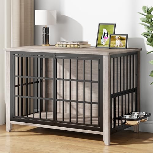 37.7" Wooden Dog Crate Furniture for Medium Dogs, Grey, view 2