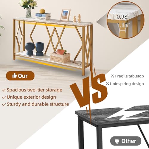 55 Inch Modern Entryway Console Table, White & Gold Faux Marble Top Engineered Wood Sofa Table with 2-Tier Open Storage, Entry Table for Hallway & Living Room