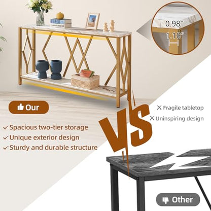 55 Inch Modern Entryway Console Table, White & Gold Faux Marble Top Engineered Wood Sofa Table with 2-Tier Open Storage, Entry Table for Hallway & Living Room
