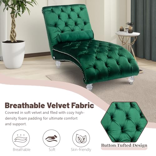 Chaise Lounge Chair Indoor Emerald Velvet Upholstered Button Tufted Chaise, view 6