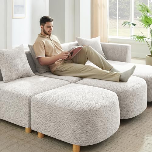 109.84" Modular Sectional Sofa with 3 Pillows, Convertible 5-Seater Comfy Boucle Cloud Couch with Ottoman, Modern Sectional Sofas for Living Room, Office, Apartment (Camel)