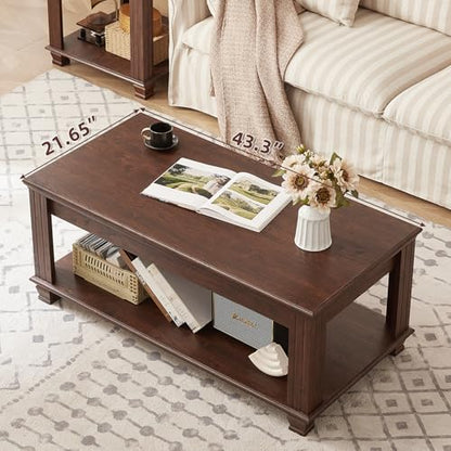 Farmhouse Coffee Tables for Living Room,Square Living Room Tables with Open Storage Shelf,Large Modern Coffee Table,Rustic Brown Center Table,Walnut