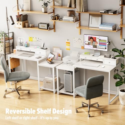 47 inch Computer Desk with Printer Shelf, Gaming Desk with Monitor Stand and Drawers, Reversible Home Office Desk with Storage Shelves and 2 Hooks, Home Workstation for Study Writing, White