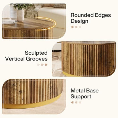Tribesigns 31.5" Round Coffee Table, Fluted Wooden Center Table with Sturdy Drum Base, Mid Century Modern Furniture for Living Room, Small Space or Office, Rustic Brown