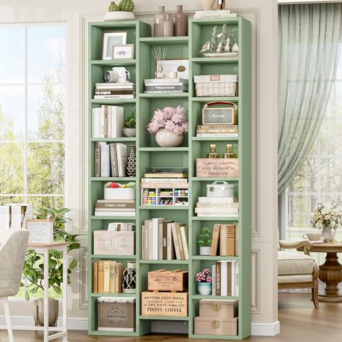 71'' Tall Bookshelf with 21 Cubes, 8 Tier Triple Wide Bookshelf with 8 Adjustable Shelves, 35" Large Bookcase DVD/CD Media Tower Storage, Freestanding Display Shelf Cabinet, Green