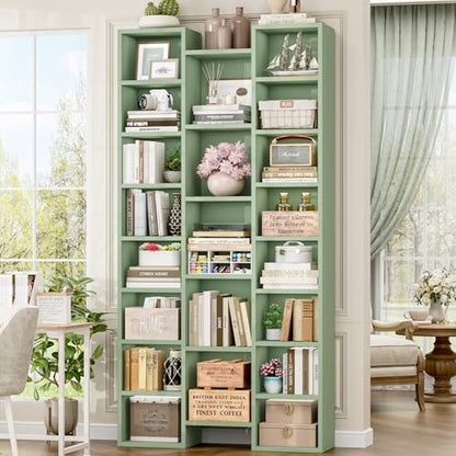 71'' Tall Bookshelf with 21 Cubes, 8 Tier Triple Wide Bookshelf with 8 Adjustable Shelves, 35" Large Bookcase DVD/CD Media Tower Storage, Freestanding Display Shelf Cabinet, Green
