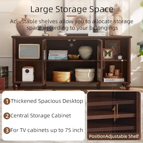 Farmhouse TV Stand for 60 Inch TV, Wood Entertainment Center with Adjustable Shelves & Glass Door Storage Cabinet,Television Stands for 65" TVS,TV Console Table for Living Room,Bedroom,Walnut