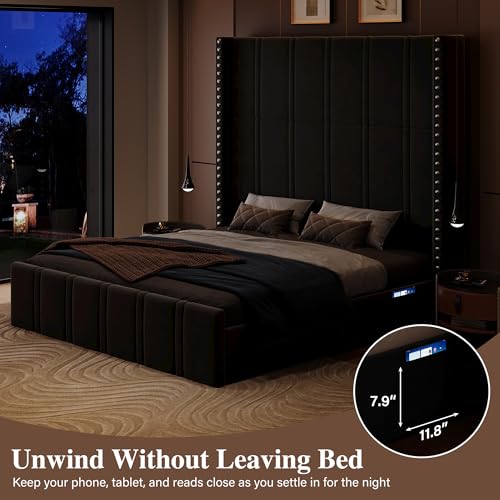 Queen Bed Frame with 65.75" Tall Headboard, Black, view 9