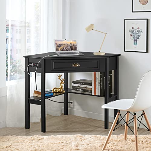 Yaheetech L Shaped Computer Desk Corner Table with Charging Station Outlets for Small Space, 90 Degree Triangle Desk Home Office Table with Drawer and Storage Shelf for Workstation, Living Room, Black